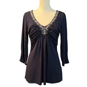 White House Black Market Navy Blue Beaded Baby Doll Top Size Small